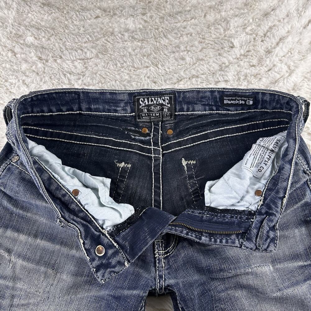 Buckle Salvage Jeans Men’s -31 S- Denim Blue Mayhem Regular Bootcut Distressed - Picture 5 of 16